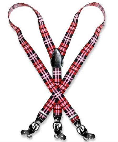 Mensusa Products Men's Plaid Design Black Red White Suspenders Y Shape Elastic Buttons & Clips