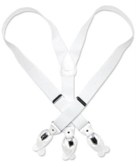 Mensusa Products Solid White Leather Suspenders Elastic YBack Button & ClipOn Man's