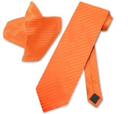 Mensusa Products Orange Striped NeckTie & Handkerchief Matching Neck Tie Set