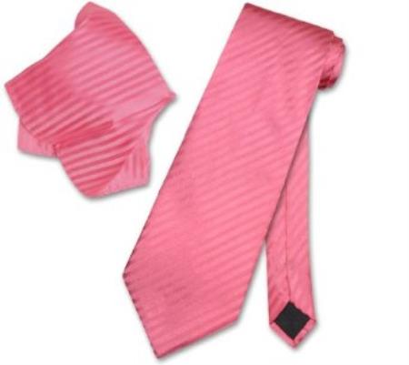 Mensusa Products Coral Pink Striped Necktie & Handkerchief Matching Neck Tie Set