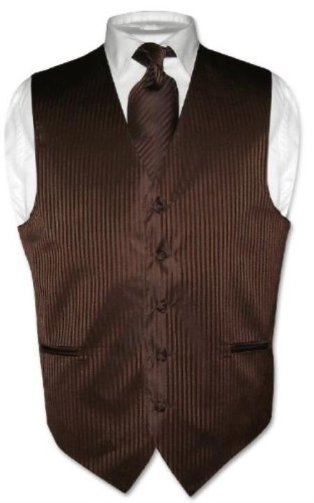 Mensusa Products Men's Dress Vest & NeckTie Chocolate Brown Striped Vertical Stripes Design Set