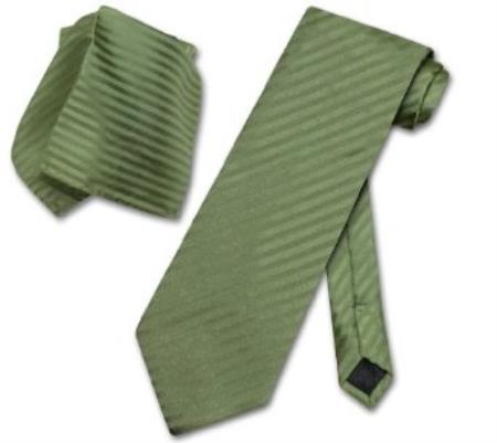 Mensusa Products Olive Green Striped Necktie & Handkerchief Matching Neck Tie Set