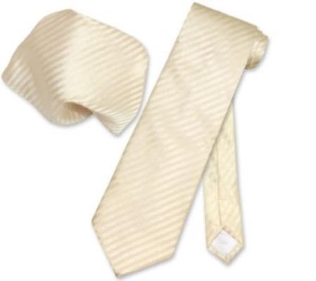 Mensusa Products Egg Yolk Cream Striped Necktie & Handkerchief Matching Neck Tie