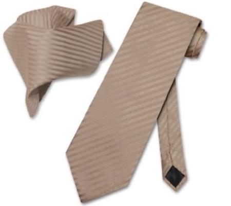 Mensusa Products Mocha Light Brown Striped NeckTie & Handkerchief Matching Tie