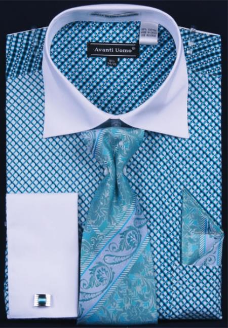 Mensusa Products Men's French Cuff Dress Shirt Set Geometric Pattern Teal