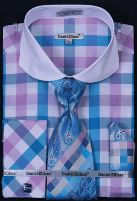 Mensusa Products Men's French Cuff Dress Shirt SetBright Checker Turquoise