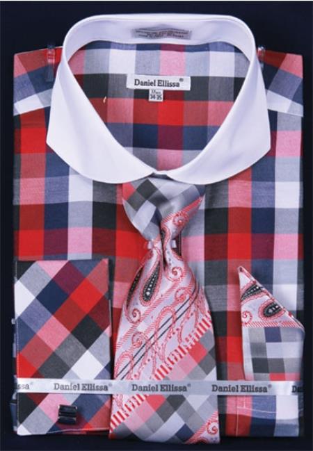 Mensusa Products Men's French Cuff Dress Shirt SetBright Checker Black/Red