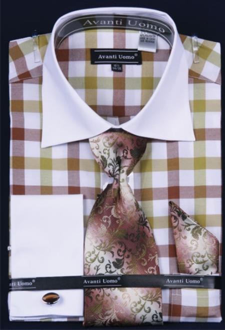 Mensusa Products Men's French Cuff Dress Shirt SetChecker Pattern Brown