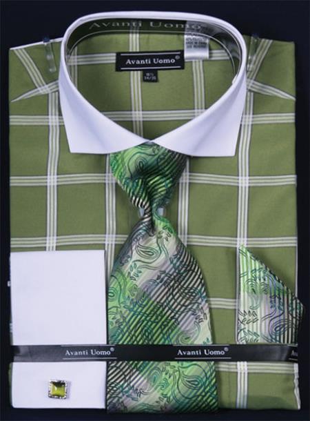 Mensusa Products Men's French Cuff Dress Shirt SetLarge Windowpane Lime