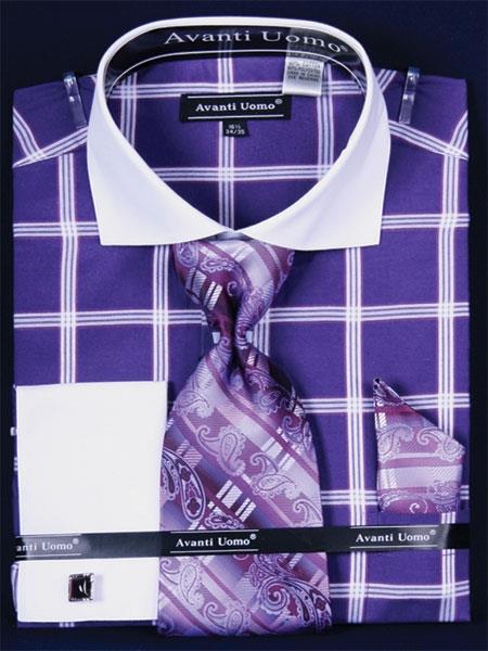Mensusa Products Men's French Cuff Dress Shirt SetLarge Windowpane Purple