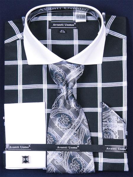 Mensusa Products Men's French Cuff Dress Shirt SetLarge Windowpane Black