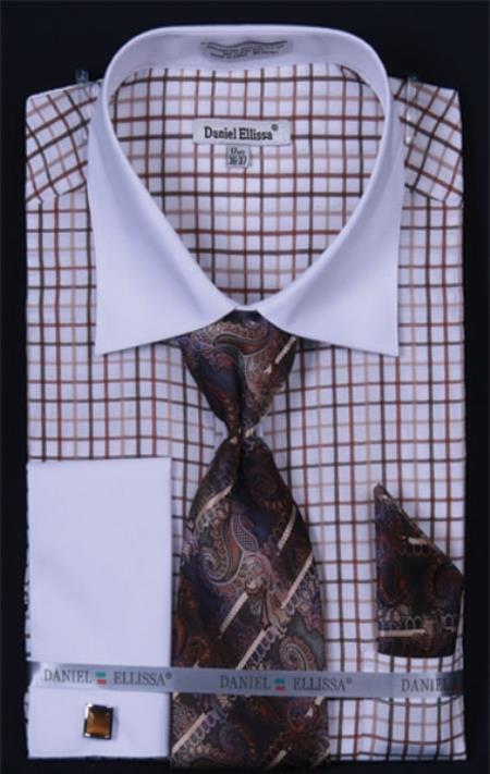 Mensusa Products Men's French Cuff Dress Shirt SetSmall Checker Brown