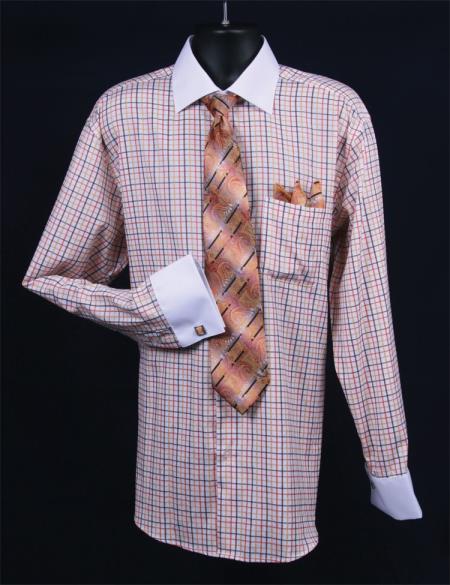 Mensusa Products Men's French Cuff Dress Shirt SetSmall Checker Orange Full