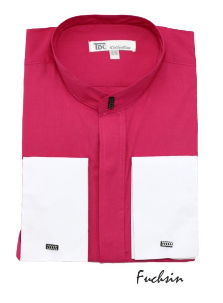 Mensusa Products Men's Fashion Hidden Button French Cuff Mandarin Collar Dress Shirt Fuchsia