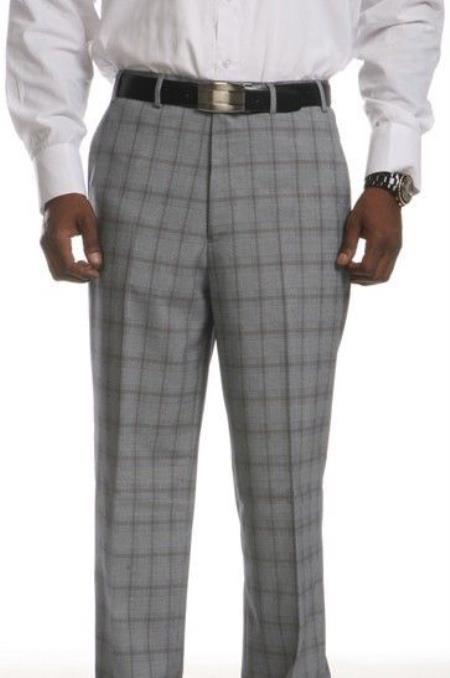 Mensusa Products FlatFront Dress Pants Men's Trousers Men's Pants Grey Plaids