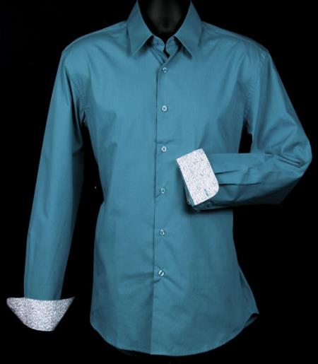 Mensusa Products Men's Fancy Slim Fit Dress Shirt Cuff Pattern Teal