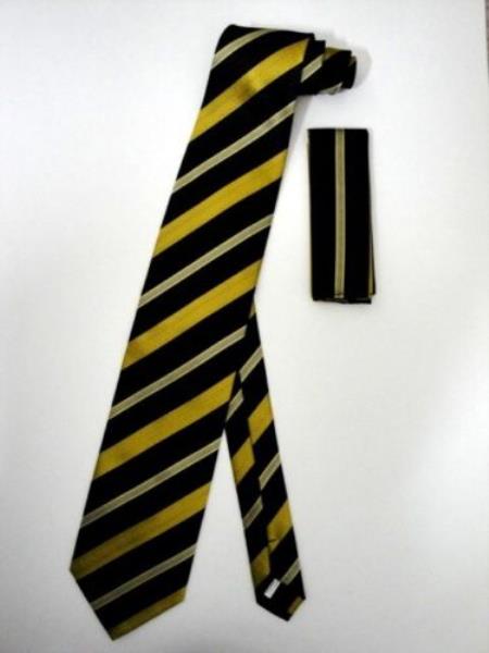 Mensusa Products Neck Tie Set Black Gold Textured Stripes