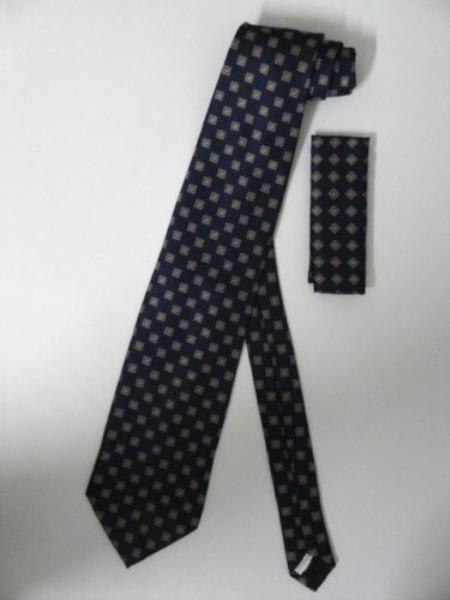 Mensusa Products Neck Tie W/ Hanky Blue Brown Gold Square