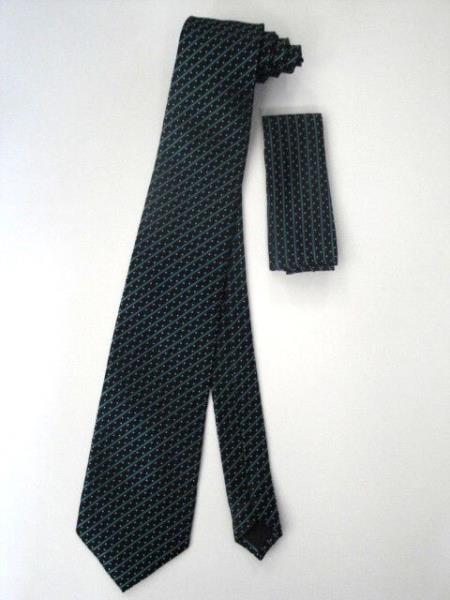 Mensusa Products Neck Tie Set Black W/ Turquoise Stripe And White Polka Dot Design