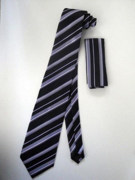 Mensusa Products Neck Tie Set Black W/ Silver And Lavender Stripes Design