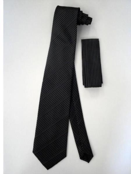 Mensusa Products Neck Tie Set Black W/ White Pinstripes Design