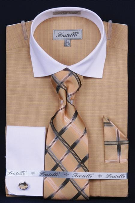 Mensusa Products Men's French Cuff Dress Shirt Set Two Tone Spread Collar Tan