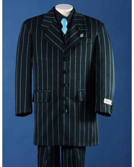 Mensusa Products Black With Sky Blue Pinstripe Five Buttons Front Personality Custom Boy Suit