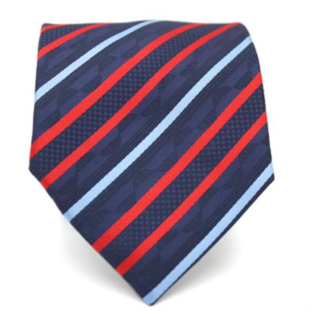 Mensusa Products Slim Red & Blue Classic Striped Necktie with Matching Handkerchief Tie Set39