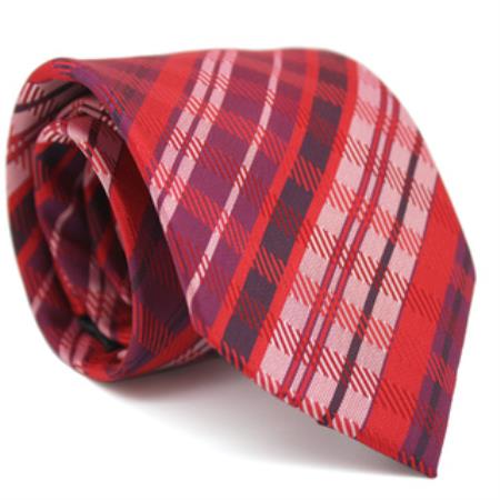 Mensusa Products Slim Red Plaid Classic Necktie with Matching Handkerchief Tie Set