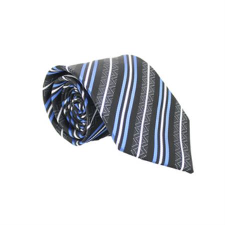 Mensusa Products Slim Classic Blue/Black Striped Necktie with Matching Handkerchief Tie Set