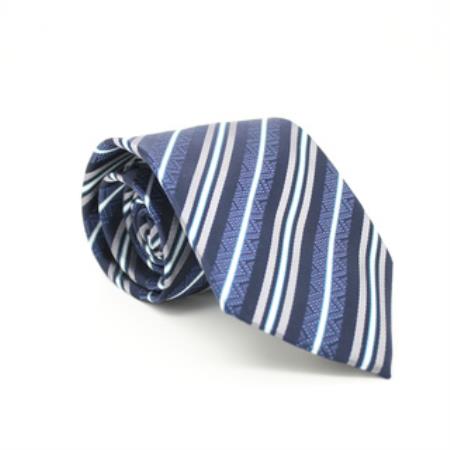 Mensusa Products Slim Classic Blue Striped Necktie with Matching Handkerchief Tie Set