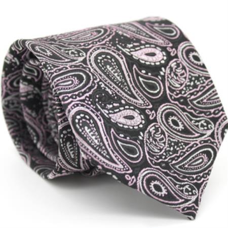 Mensusa Products Slim Pink & Black Classic Paisley Necktie with Matching Handkerchief Tie Set