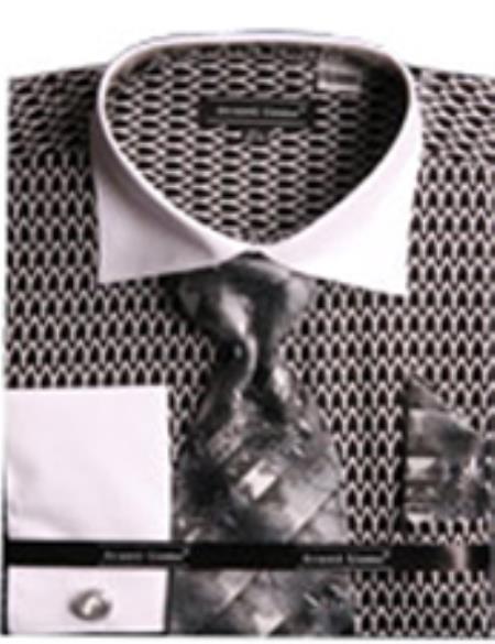Mensusa Products Men's Printed Two Tone French Cuff Shirt With Cufflinks Black/White
