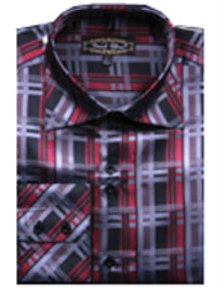 Mensusa Products Men's Fancy Shirts Red/Black(100% Polyester) Flashy Shiny Satin Silky Touch