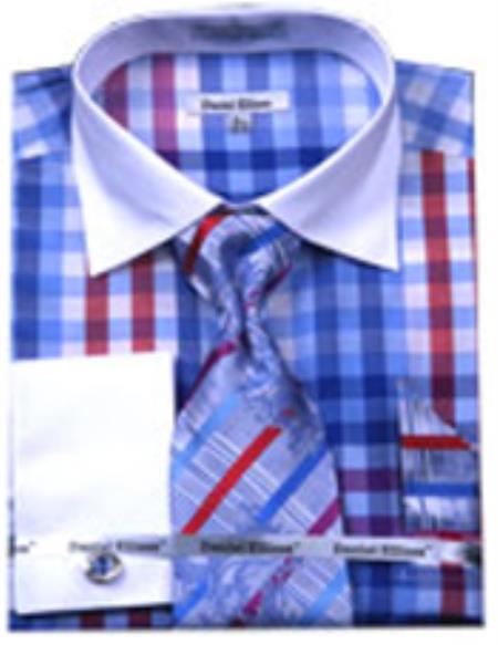 Mensusa Products Men's Checker Pattern Multicolor French Cuff Shirts With Cuff Link Blue (60% Cotton 40% Polyester)