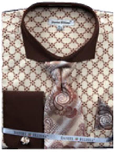 Mensusa Products Men's Checker Pattern French Cuff Shirt With Cuff Links Brown