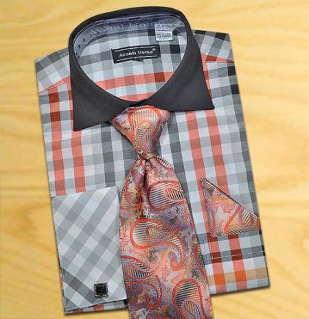 Mensusa Products Made In Italy Designer Mauri Grey / Red / Black Check Design Shirt / Tie / Hanky Set With Free Cufflinks