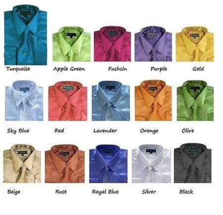 Mensusa Products Classic Men's Satin Dress Shirt Set w/ tie And Handkerchief Multi-color