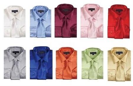 Mensusa Products Men's Fashion Shiny Satin Dress Shirt Set w/ Tie And Handkerchief Multi-color