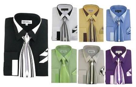 Mensusa Products Classic Men's French Cuff Dress Shirt Set w/ tie and Handkerchief