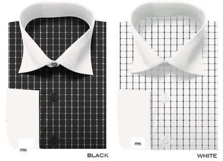 Mensusa Products Men's Milano Stylist Checker Contrast French Cuff Classic Dress Shirt Black And White