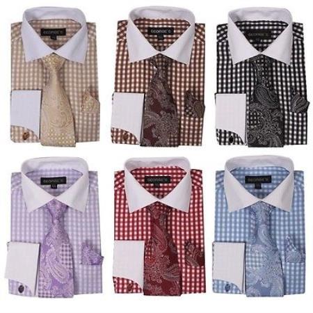 Mensusa Products Men's Checker Dress Shirt French Cuff Set Tie Handkerchief Varies Colors