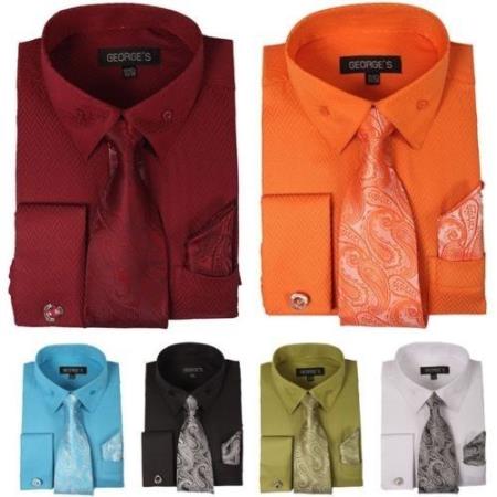 Mensusa Products Men's Fashion Dress Shirt With Tie&Hanky French Cuff Links Style Multi-Color