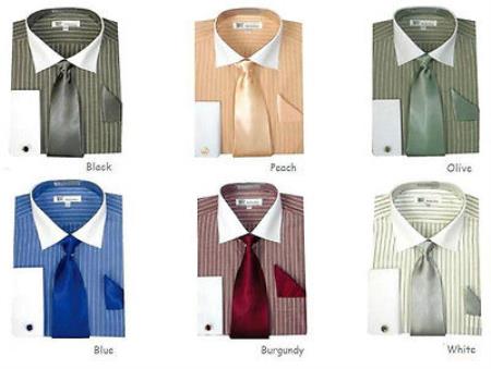 Mensusa Products Men's French Cuff Stylish Striped Formal Spread Collar Dress Shirt Set Style Multi-Color