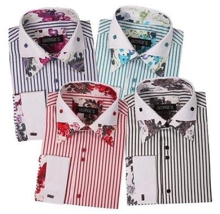 Mensusa Products Men's Poly Cotton Floral Design Striped Dress Shirt French Cuff Classic Fit Multi-Color
