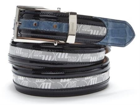 Mensusa Products Mauri Crocodile, Patent Leather & Fabric Belt White-Blue