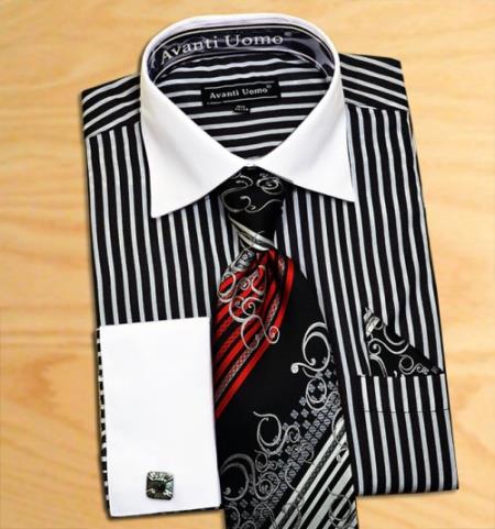 Mensusa Products Avanti Uomo Black / White Striped Dress Fashion Shirt/ Tie / Hanky Set With Free Cufflinks
