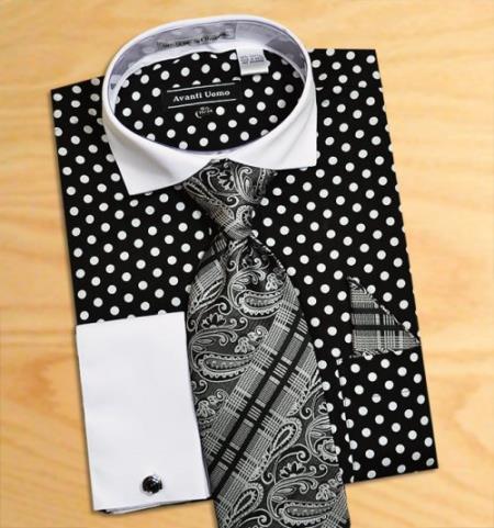 Mensusa Products Avanti Uomo Black With White Polka Dot Two Tone Design 100% Cotton Dress Fashion Shirt / Tie / Hanky Set With Free Cufflinks