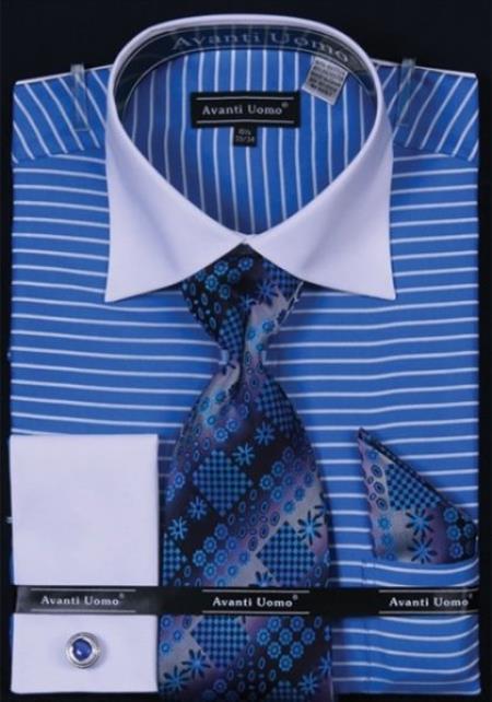 Mensusa Products Avanti Uomo Blue Horizontal Stripe Two Tone Dress Fashion Shirt/ Tie / Hanky Set With Free Cufflinks