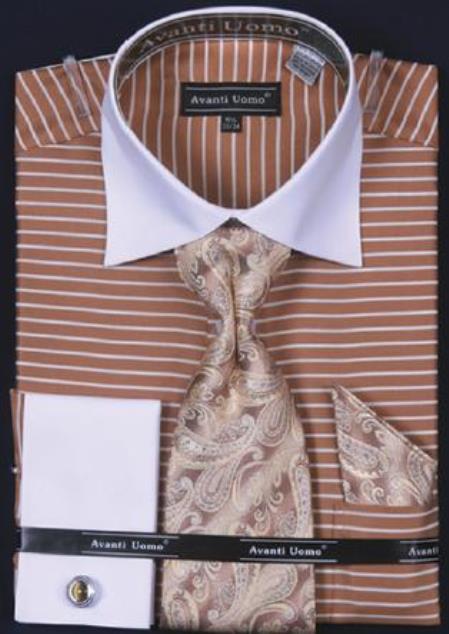 Mensusa Products Avanti Uomo Tan Horizontal Stripe Two Tone Dress Fashion Shirt/ Tie / Hanky Set With Free Cufflinks